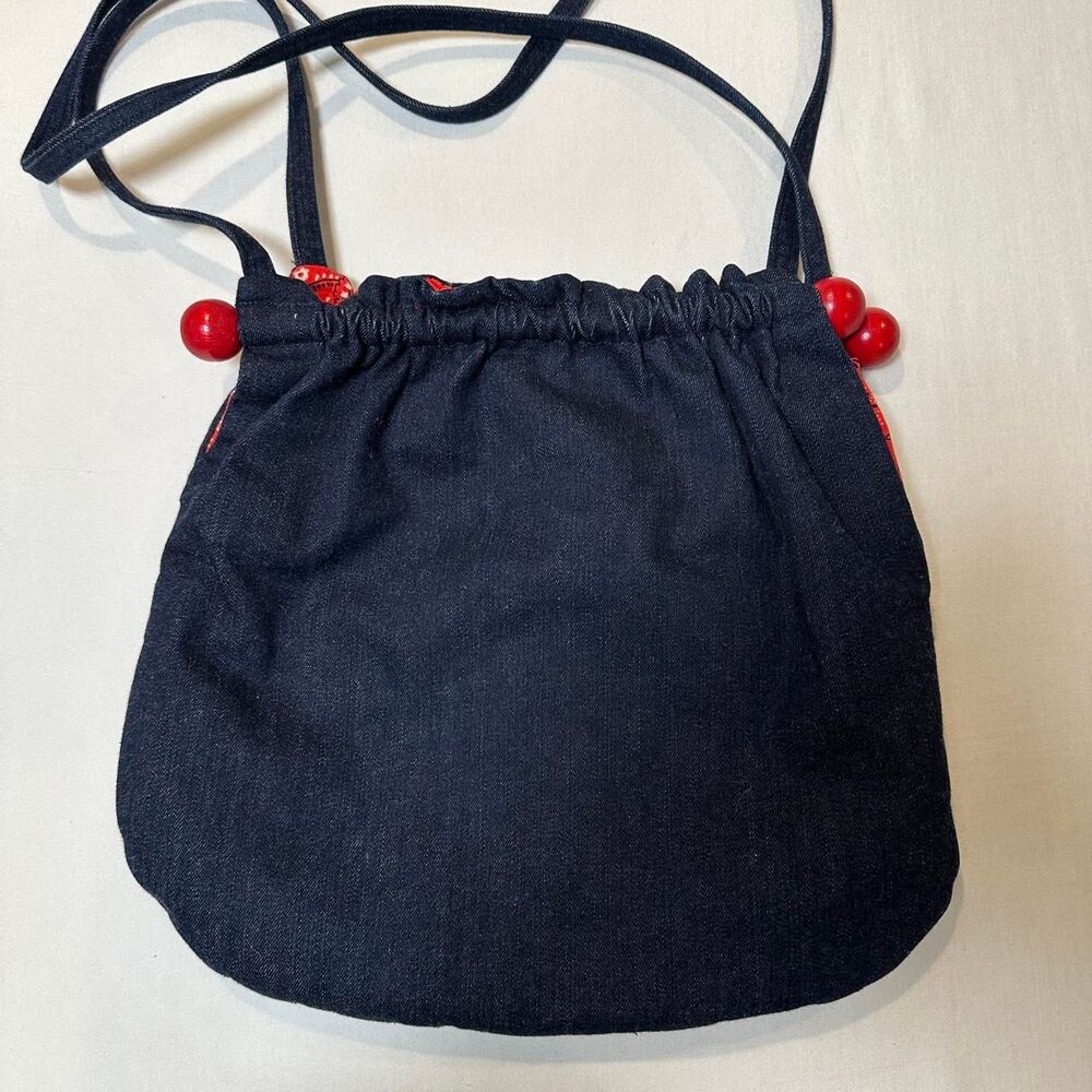 Handmade Denim Drawstring Shoulder Bag Red Paisley Bandana Y2K